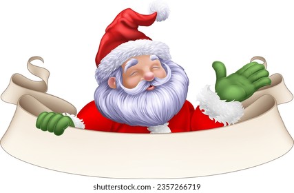 Santa Claus Father Christmas cartoon character peeking over a scroll banner sign