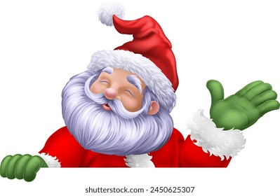 Santa Claus Father Christmas cartoon character peeking over a sign