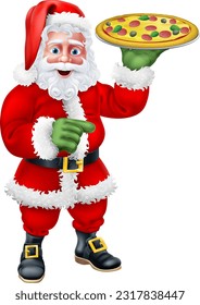 Santa Claus or Father Christmas chef holding a pizza on food plate and pointing