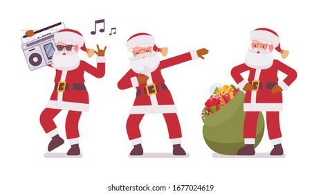 Santa Claus, Father Christmas in cute funny dancing, boombox music. Portly, jolly, white bearded man wearing a red coat with a bag full of presents for children. Vector flat style cartoon illustration