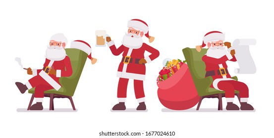 Santa Claus, Father Christmas Having Rest, Reading Gift Wish List. Portly, Jolly, White Bearded Man Wearing A Red Coat With A Bag Full Of Presents For Children. Vector Flat Style Cartoon Illustration