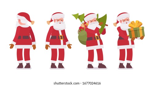 Santa Claus, Father Christmas standing with tree and gift bag. Portly, jolly, white bearded man wearing a red coat carrying a bag full of presents for children. Vector flat style cartoon illustration