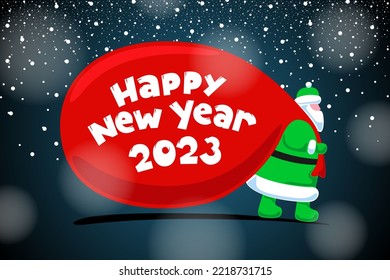 Santa Claus Father Frost cartoon character coming and carries large huge heavy gifts red bag. Christmas and Happy New year 2023 inscription holiday greeting card. Vector eps celebration poster