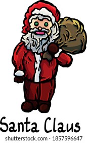 Santa claus, Father Frost, Father Christmas, white background, cartoon style, for children, party, december, holiday, new year, postcard, card, congratulations, isolated, present, gift, bag, sack, joy