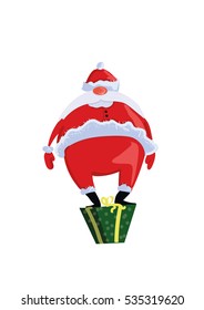 Santa Claus (Father Frost) with long white mustache stands in the green gift box. Postcard, christmas card.