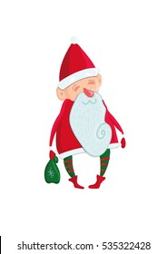 Santa Claus (Father Frost) with a long white beard ad bag with gifts. Christmas card, postcar, illustration.