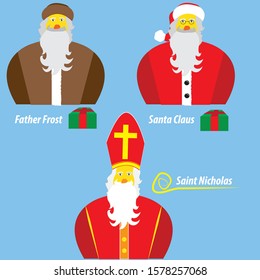 Santa Claus, Father Frost and Saint Nicholas, three (Christmas) holiday characters in vector.