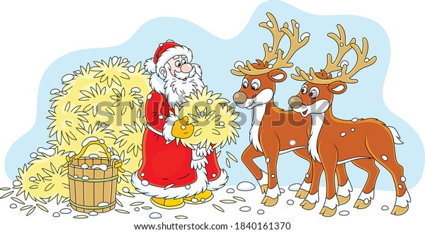 Santa Claus Feeding Reindeer Tasty Hay Stock Vector Royalty Free 1840161370