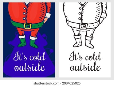 Santa claus feet. Merry Christmas banner. New Year label. Poster template. Vintage sticker Flyer or labels. Engraved hand drawn sketch