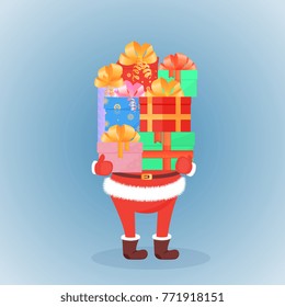 Santa Claus in felt boots and mittens keeps a mountain of festive gifts. The concept of the sale for Christmas, New Year, Boxing day