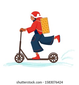 Santa Claus festive boy-courier in flat style delivers gifts riding a scooter.Vector isolated illustration in cartoon style with brush texture.