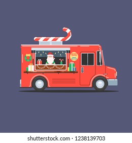 Santa Claus in a festive Christmas truck with gifts and sweet candy. Merry Christmas and Happy New Year. Vector illustration in flat style