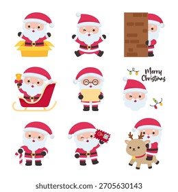 Conjunto festivo do Papai Noel com renas Sleigh Chimney presentes e elementos de férias Ilustração do vetor