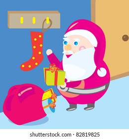 santa claus fill stocking with gifts