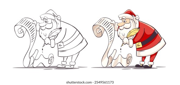 Papá Noel está llenando una buena lista de niños y niñas para regalos de Festiva de Navidades. Personaje de Navidad de dibujos animados de santa con pluma de papel pergamino. Dibujo de contorno dibujado a mano. Ilustración vectorial.