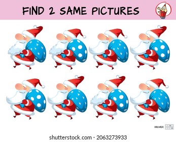 Santa Claus. Find two same pictures. Educational game for children. Cartoon vector illustration