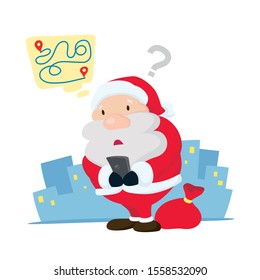 Santa Claus finds route from map on smartphone.