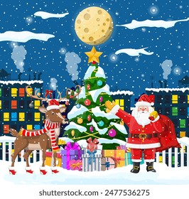 Santa claus, fir tree with gifts and his reindeer. Christmas winter cityscape snowflakes. Happy new year decoration. Merry christmas holiday. New year and xmas celebration. Flat vector illustration