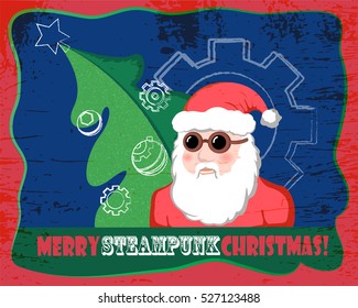 Santa Claus with fir tree vector illustration in steampunk style. Steampunk Santa in racer glasses. Horizontal Christmas card or banner template in comics style. Handdrawn Santa Claus vintage postcard