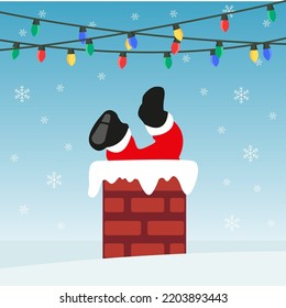 Santa Claus in the fireplace. Christmas card. Snow and winter. Garlands. Christmas. Vector graphics