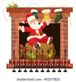 Santa Claus and a fireplace. Vector illustration of Santa Claus, he is sitting on a bag of gifts. Isolated on white background
