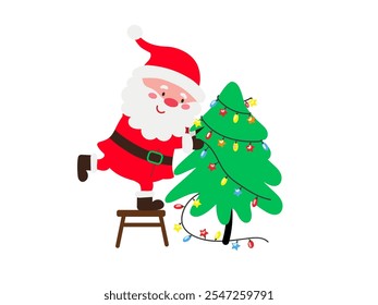 Santa Claus Fixing a Christmas tree