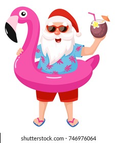 Santa Claus with flamingo inflatable ring.Tropical Christmas. Vector illustration.