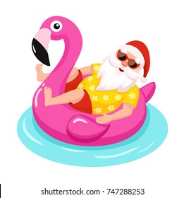 Santa Claus with flamingo inflatable ring.Tropical Christmas. Vector illustration.