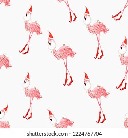 Santa Claus flamingo on Christmas pattern. Pink flamingo with white beard and red hat digital watercolor illustration on white background. Hand drawn seamless pattern.