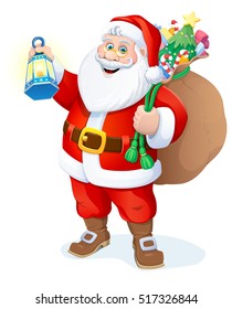 Santa Claus with a flashlight and a bag of gifts. Christmas.  Vector illustration.