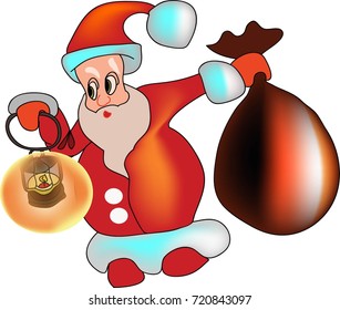 Santa Claus with a flashlight and a bag of gifts