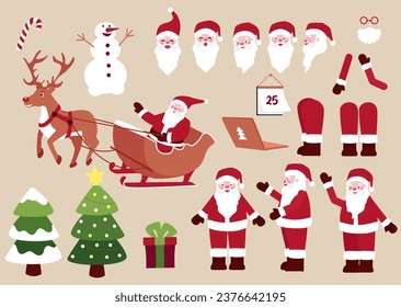 Santa Claus is a flat cartoon character for animation design with various facial expressions, hand gestures, body and leg movement illustrations. Vector