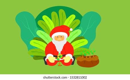 santa claus flat cartoon planing a tree for giving people gift proteced hot planet on merry christmas holiday. leaf background. vector illustration eps10.