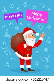 Santa Claus flat character isolated on blue Christmas hand drawn background. Standing funny old man carrying sack with gifts, waving hand and wishing Merry Christmas. Cartoon vector illustration.