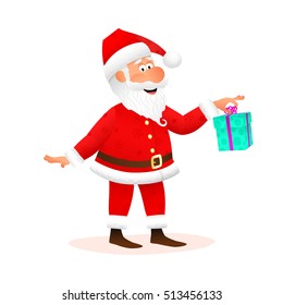 Santa Claus flat character isolated on white background. Standing funny old man is holding Christmas gift with ribbon and smiling. Christmas and New Year cartoon vector illustration.