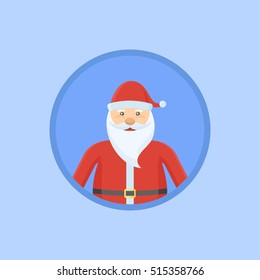 Santa Claus flat round icon on blue background. Christmas vector illustration.