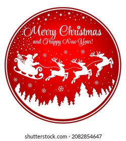Santa Claus flies across the sky over the forest in sleigh pulled by reindeer. Round Christmas icon. Vector