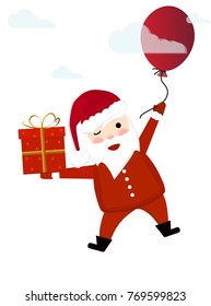 Santa Claus flies across the sky on a ball among the clouds and holds a gift box in his hand. New Year's and Christmas