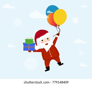 Santa Claus flies across the sky on a ball among the clouds and holds a gift box in his hand. New Year's and Christmas 