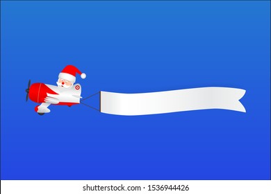 Santa Claus flies airplane and pulls blank ribbon label on isolated background for Christmas and New Year decorations illustration vector
