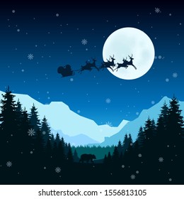 Santa Claus flies in the background of a winter forest landscape