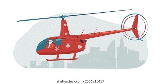 Santa Claus flies in a decorated helicopter over the city. Vector illustration.