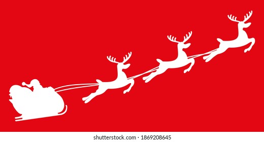 Santa Claus flies on his reindeer on Christmas night. Silhouette of Santa and deer in the sky. Holiday concept. Isolated. Flat style. Vector illustration