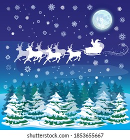 Santa Claus flies on reindeer and on a sleigh.  Pines and fir trees in the snow. Elegant snowflakes.