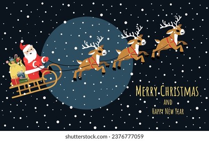Santa Claus flies on reindeer. Christmas banner.