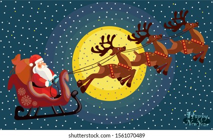 Santa Claus flies on a sleigh in the snow for the New Year. Santa deer in a harness. Full moon. Vector illustration. You can animate.