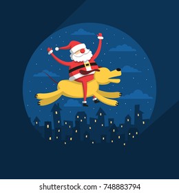 Santa Claus flies on a yellow dog over the night city.