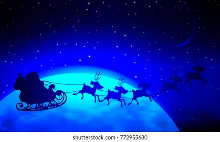 Santa Claus flies over a blue planet landscape