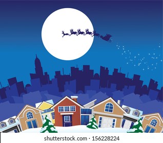 Santa Claus flies over Earth. EPS 10 vector, grouped for easy editing. No open shapes or paths.