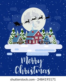 Santa Claus flies over the house in the snow. Christmas greeting card or poster. Merry christmas holiday. New year and xmas celebration. Vector illustration in flat style .